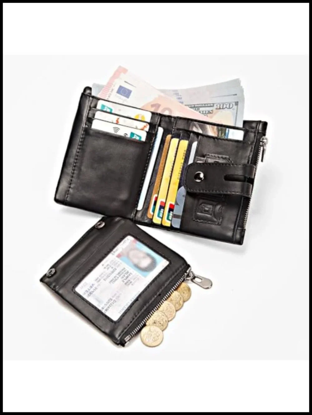 Anti-Theft Men's Genuine Leather Wallet with Chain, RFID Blocking Bifold